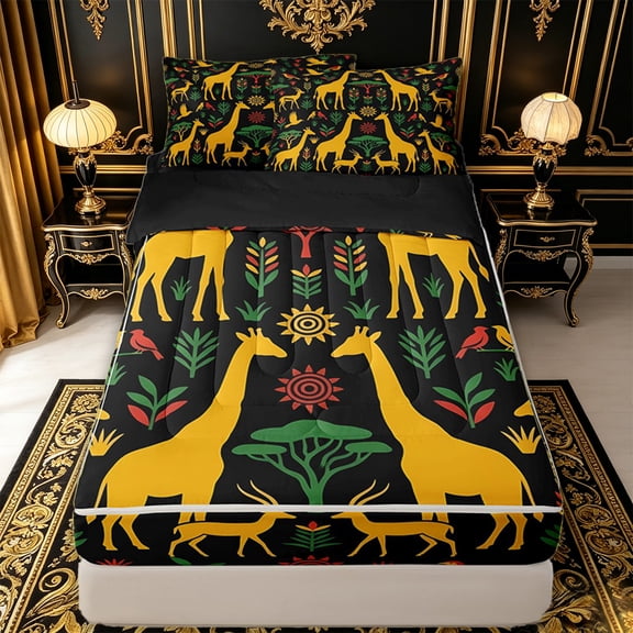 jejeloiu Safari Giraffe Zipper Twin Comforter Sets with Fitted Sheet and 2 Pillowcases For Men Women,Ethnic Pattern Zipper Bedding Set,Black Yellow,Black Reversible,4 Pieces