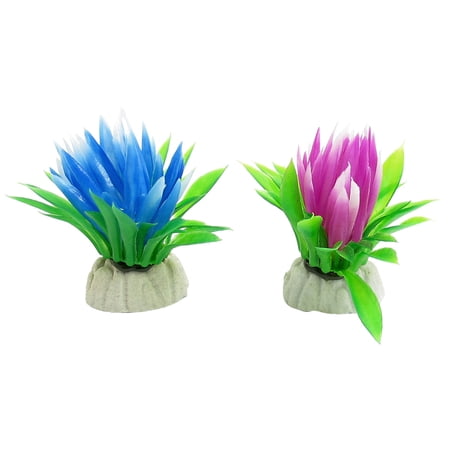 Unique Bargains 2 Pcs Plastic Green Leaf Blue Fuchsia Flower Decor for Fish Tank Ornament
