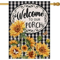 Home Decorative Welcome to Our Porch Spring Summer Sunflower House Flag, Black White Buffalo Plaid Check Yard Outside Decoration, Fall Autumn Farmhouse Outdoor Large Decor 28 x 40