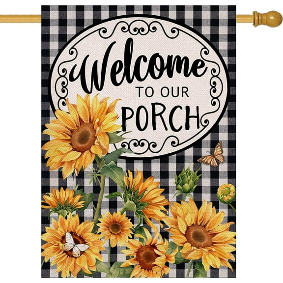 Home Decorative Welcome to Our Porch Spring Summer Sunflower House Flag, Black White Buffalo Plaid Check Yard Outside Decoration, Fall Autumn Farmhouse Outdoor Large Decor 28 x 40