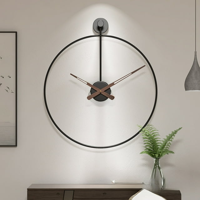 Spanish-Inspired Minimalist Iron Art Wall Clock with Single Round Design, Creative Hanging Style, Accurate Quartz Movement, 60cm Size, Black Frame, and Walnut Wood Pointers – Ideal for Living Room,