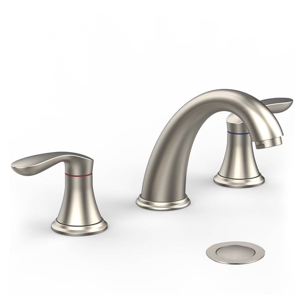 Widespread brushed nickel bathroom faucet - 3 hole set con stainless steel pop up drain y lead free hose (2 pack)