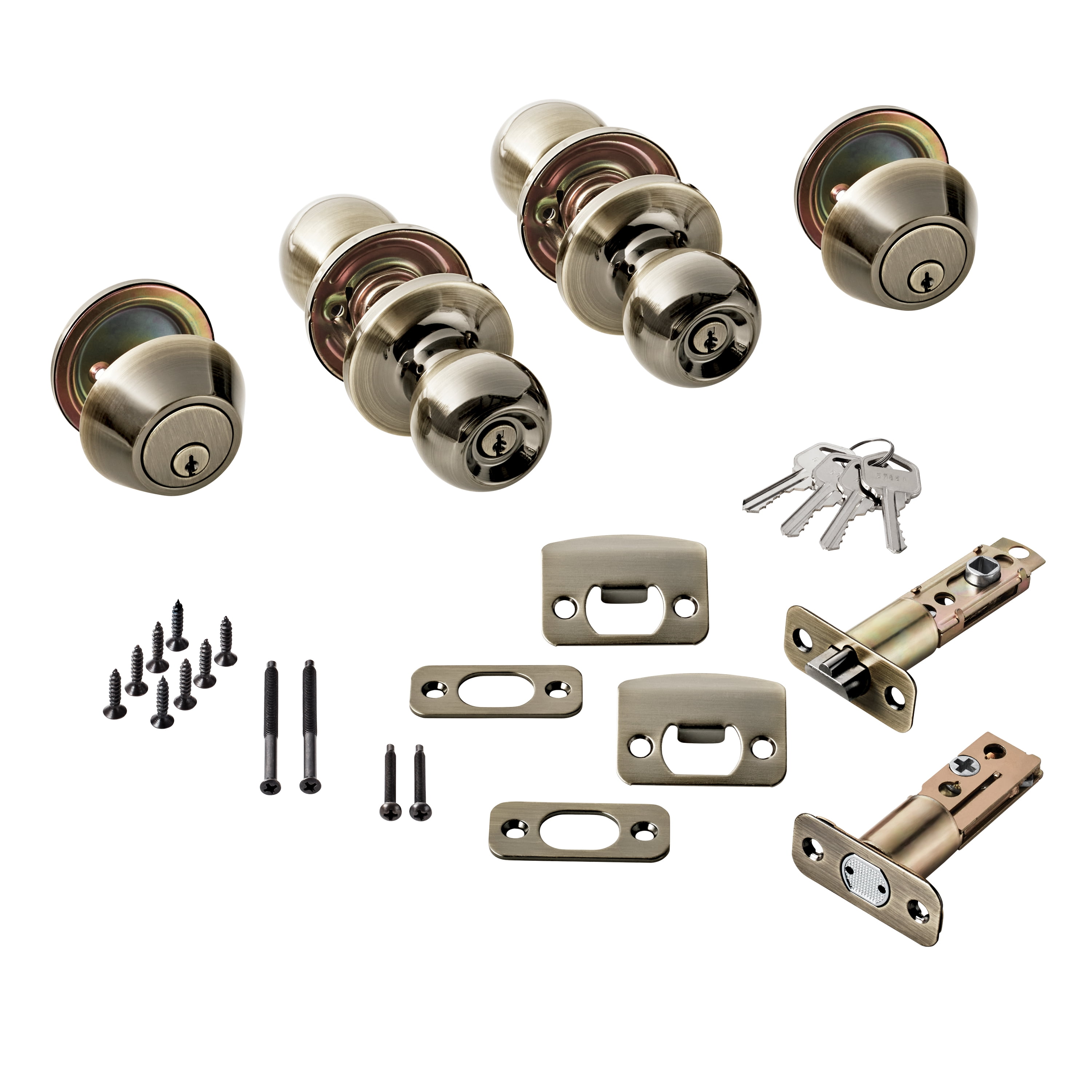 Hyper Tough Ball Combo Twin Pack Antique Brass (2 Entry Doorknobs + 2 Deadbolt Locks)