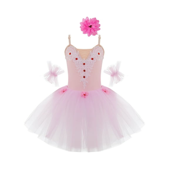 YONGHS Kids Girls Ballet Camisole Skirted Leotard Ballerina Princess Tutu Dress with Arm Sleeves Pink 7-8