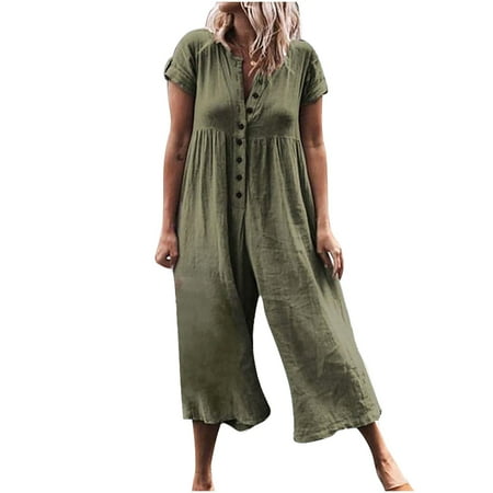 

Atinetok Womens Rompers Plus Size Casual Solid Button up Cotton Linen Loose Long Jumpsuits Overalls Trendy Plain Lapel Short Sleeve Maxi Jumpsuits Army Green XL