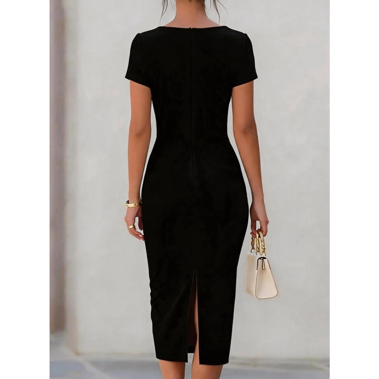 black short sleeve pencil dress Women's Boat Neck Short Sleeve Midi Sheath Dress, Waist Twist Ruched Slim  Bodycon Pencil Dress, Formal Office Cocktail Party Dress S-2XL