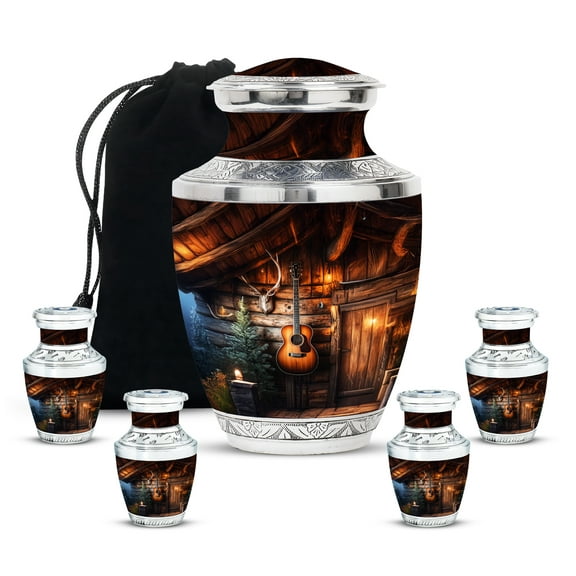 MUKTIVE Guitar Cremation Urns for Human Ashes Adult Male Large - Brown Decorative Burial Urn for Adult Men and Women - Memorials Remain Holders - Memorial Gifts for Loss of Dad (1 Large & 4 Keepsake)
