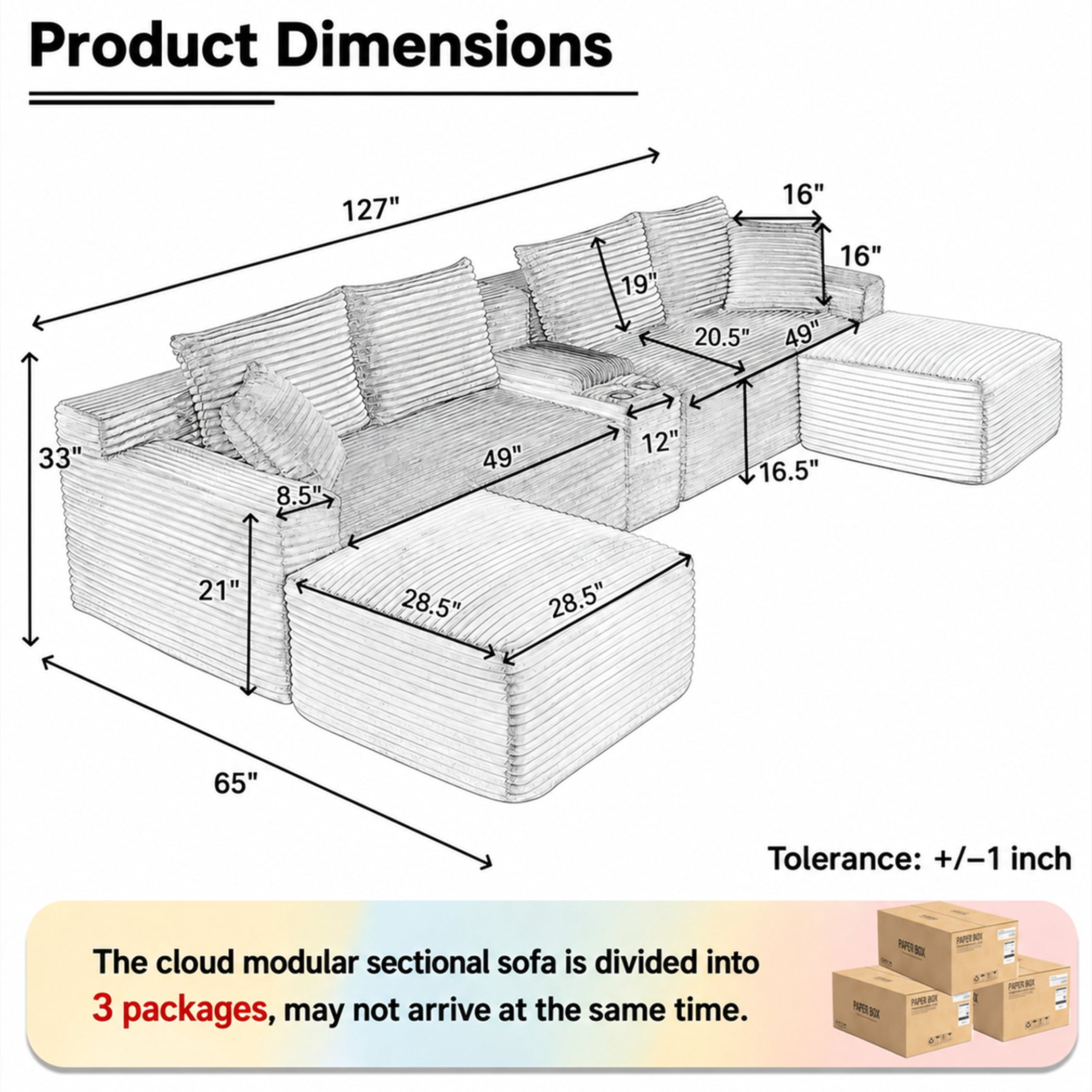 Aukfa 127" U Shaped Cloud Sectional Sofa Modular Boneless Couch with USB&Cupholdes Storage Console for Living Room, Corduroy, Black