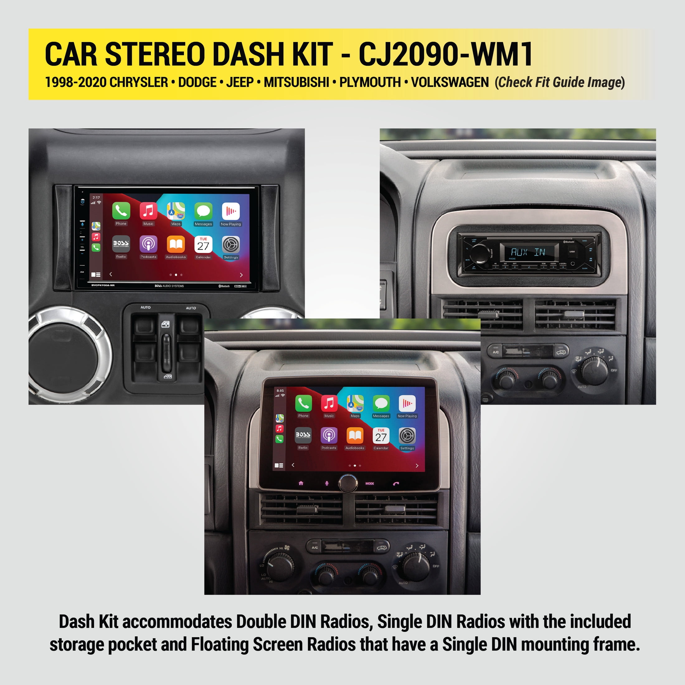 Scosche Double or Single DIN Dash Kit Compatible w/ ‘98-20 Chrysler/Dodge/Jeep/Mitsubishi/Plymouth/VW  Cars & Trucks CJ2090