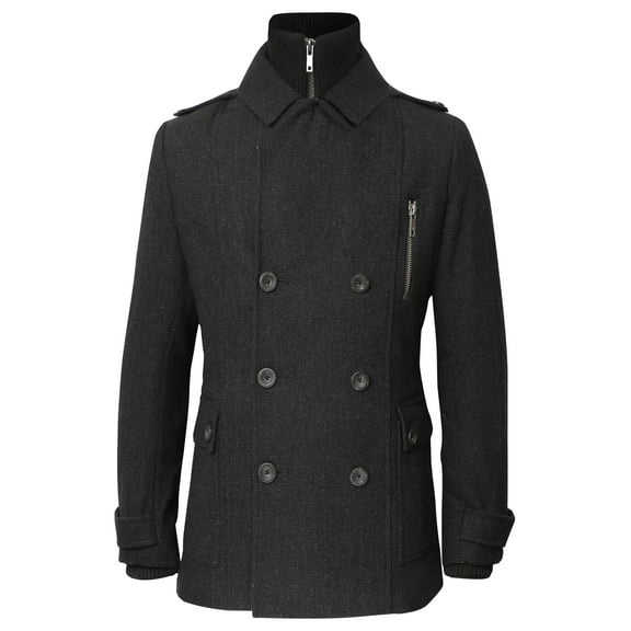 Ma Croix Mens Wool-Blend Classic Double Breasted Pea Coat with Detachable Turtle Neck Bib