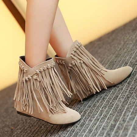 

Women s Boots Mid Heel Pointed Toe Boots Slip-on Shoes Warm Boots Ankle Boots Soild Tassel Retro Shoes Cowboy Boots