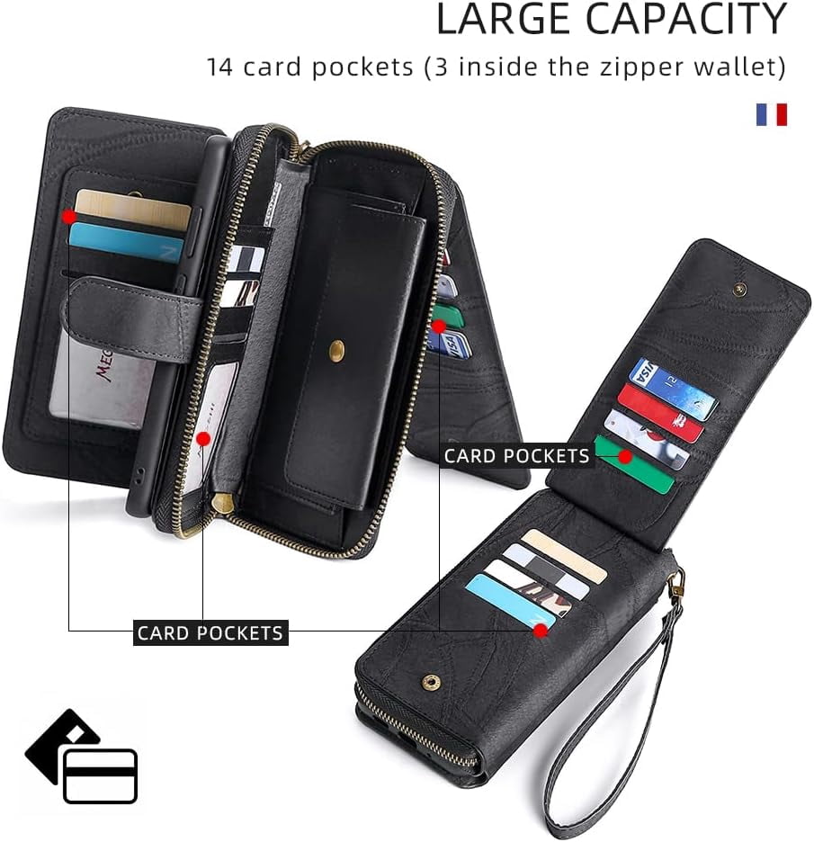 Phone Case for Samsung Galaxy A71 5G Zipper Wallet Detachable Cover with Screen Protector and Leather Flip Mirror Card Holder Slot Cell Accessories Mobile A 71 G5 71A S71 SM Women Men Black