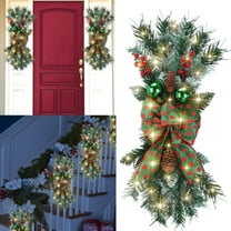 Cordless Prelit Christmas Teardrop Swags Stairway Trim - Artificial Pine Greenery Garland Wreath with Bowknot & Pinecone for Outdoor Indoor Front Door, Window, Staircase Xmas Holiday Home Decor
