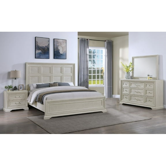 Beautiful Modern Aesthetics 5Pc White Cream Finish Bedroom Furniture King Size Panel Bed Set