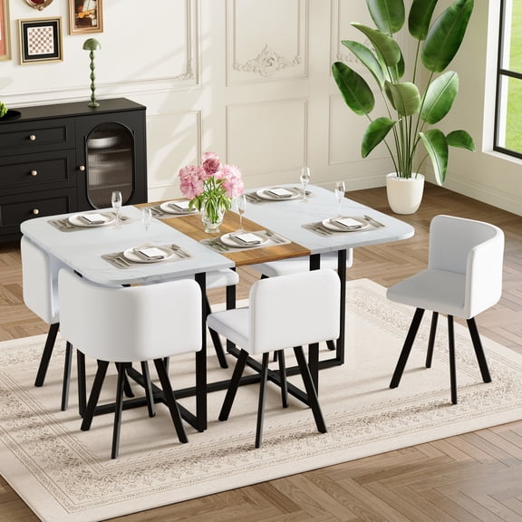 7-Piece Dining Table Set, White Faux Marble & Wood Grain Table with 6 White Oil-Waxed Leather Chairs, Modern Dining Table Set for 6, for Dining Room, Small Space