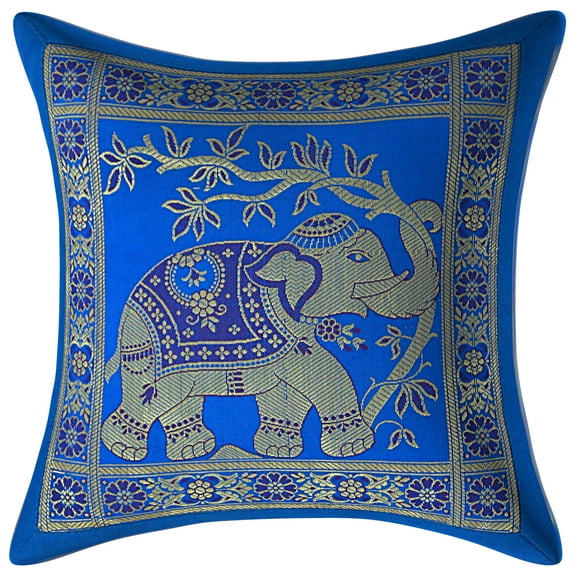 Stylo Culture Indian Christmas Brocade Turquoise And Gold Throw Pillow Covers 12x12 Jacquard Weave Banarsi Sofa Decorative Pillow Cases Elephant Floral 30x30 cm Cushion Covers (1 Pc)