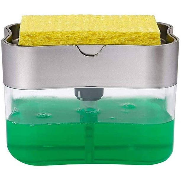 Soap Pump Dispenser and Sponge Holder for Kitchen Sink Dish Washing Soap Dispenser 13 Ounces (Silver)