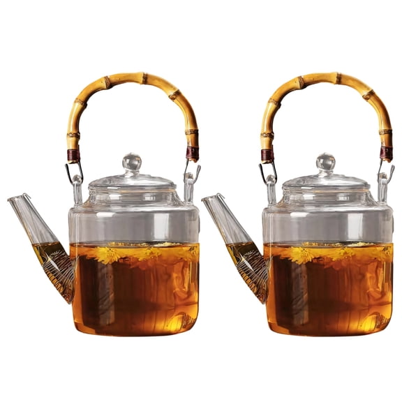 2 Pcs of Glass Tea Pot with Infuser and Lid, Stovetop Safe 46 oz, Wood Handle, Heat-Resistant, Great for Loose Leaf Tea and Flower Teas