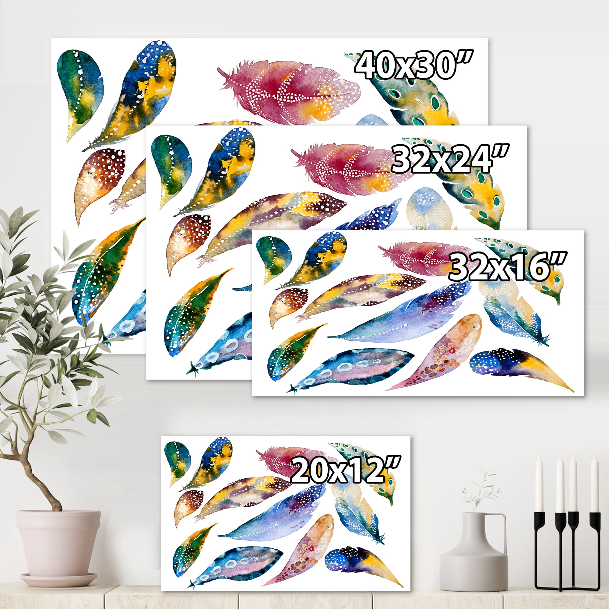 Designart ' Colourful Boho Feather Set On White VI ' Bohemian & Eclectic Canvas Wall Art Print
