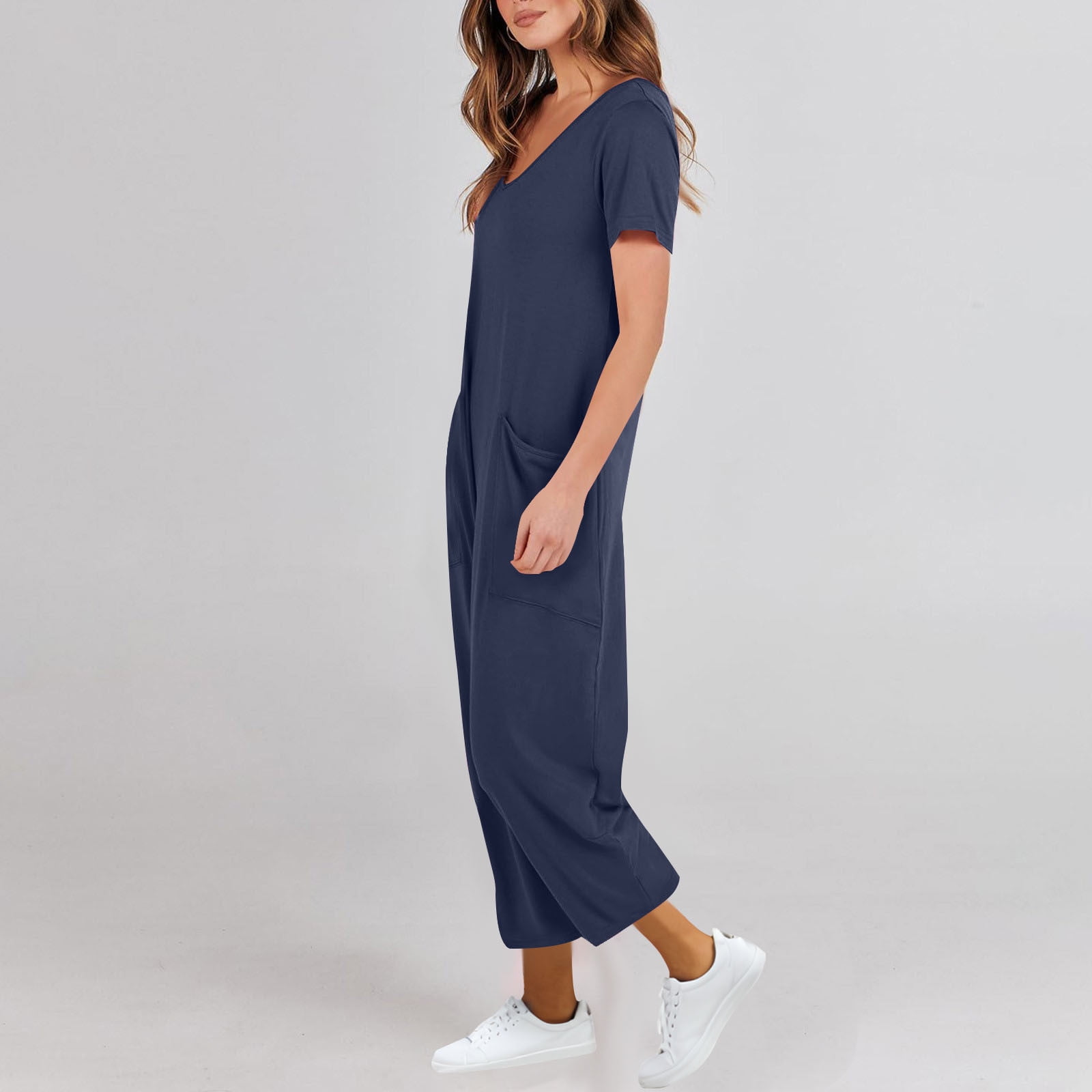 AGWOLF Adult Onesie Pajamas for Women Stretch V Neck Short Sleeve Jumpsuits Loose Fit Solid Ankle Length Pants Summer Rompers with Pockets Soft Sleepwear Homewear One Piece Navy XL