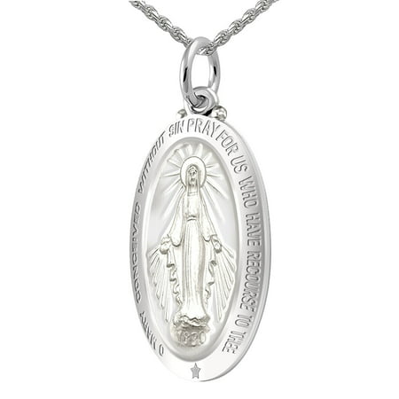 Ladies 0.925 Sterling Silver 1.25in Oval Miraculous Virgin Mary Medal Pendant Necklace in High Polished (Best Way To Polish Sterling Silver)