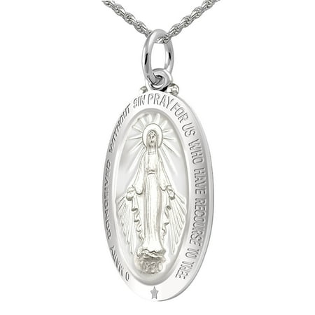 Imperial Silver Finish Pendants Ladies 0.925 Sterling Silver 1.25in Oval Miraculous Virgin Mary Medal Pendant Necklace in High Polished Finish ()