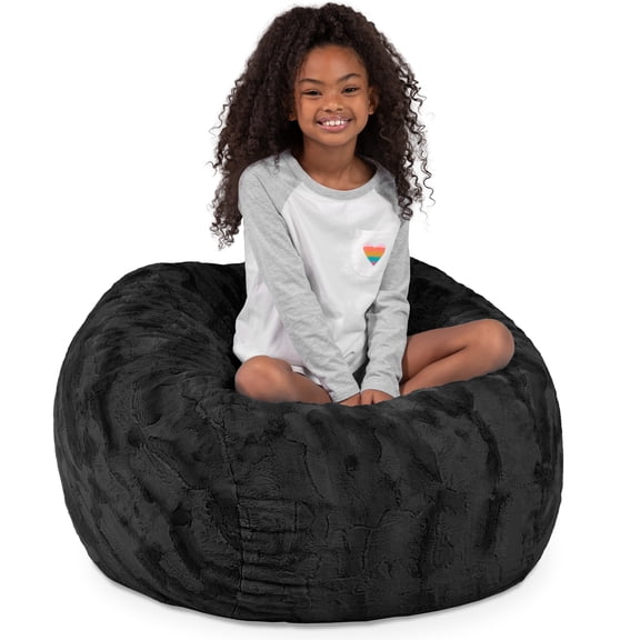 CC Home Furnishings Round Faux Fur Bean Bag Chair - 3' - Black