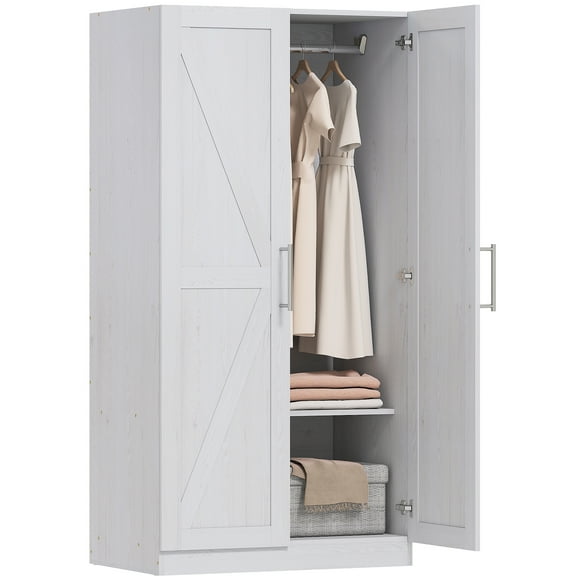 HOMCOM Armoire Wardrobe Closet with 2 Barn Doors Wardrobe Cabinet White