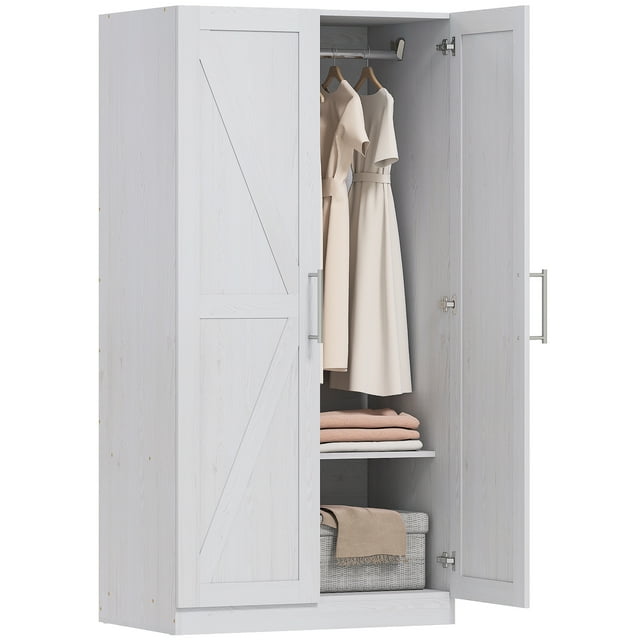 HOMCOM Armoire Wardrobe Closet with 2 Barn Doors Wardrobe Cabinet White