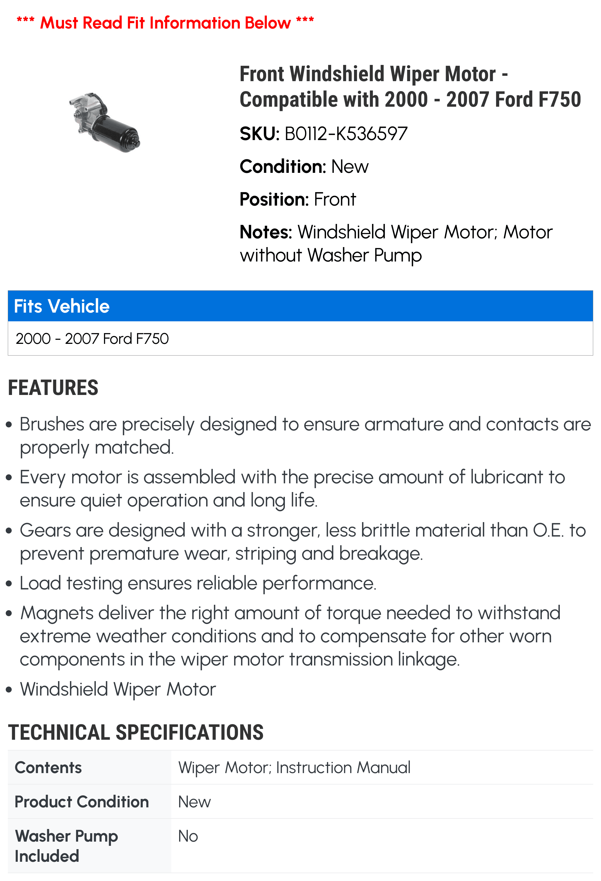 OEG Parts New Front Wiper Motor Compatible With 1987 1988