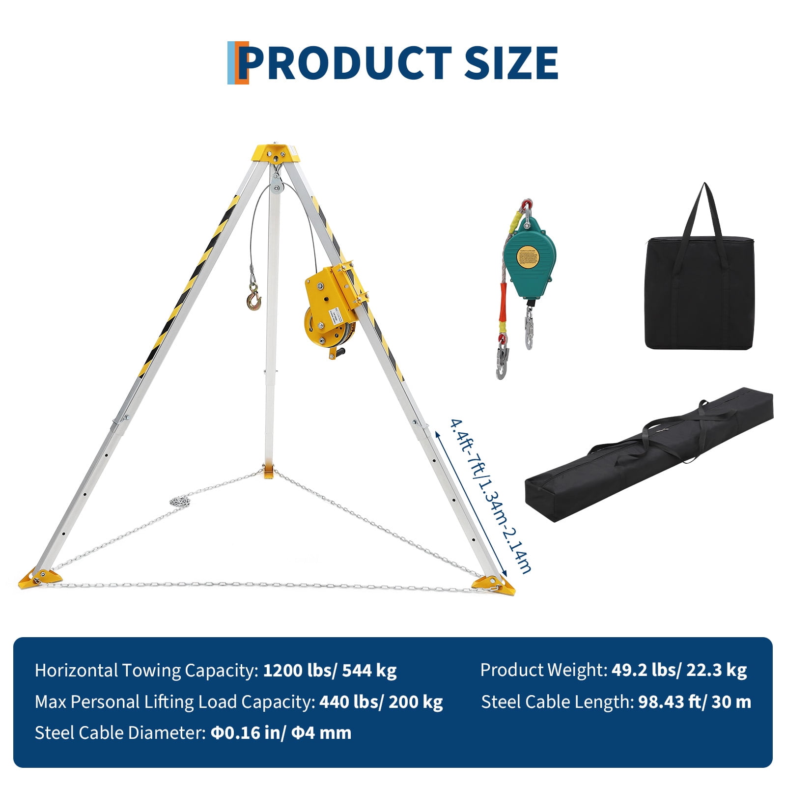 Confined Space Rescue Tripod Kit with 1200lbs Winch, 7ft Legs, 98ft Cable, Steel Construction, 33ft Fall Arrestor and Storage Bag