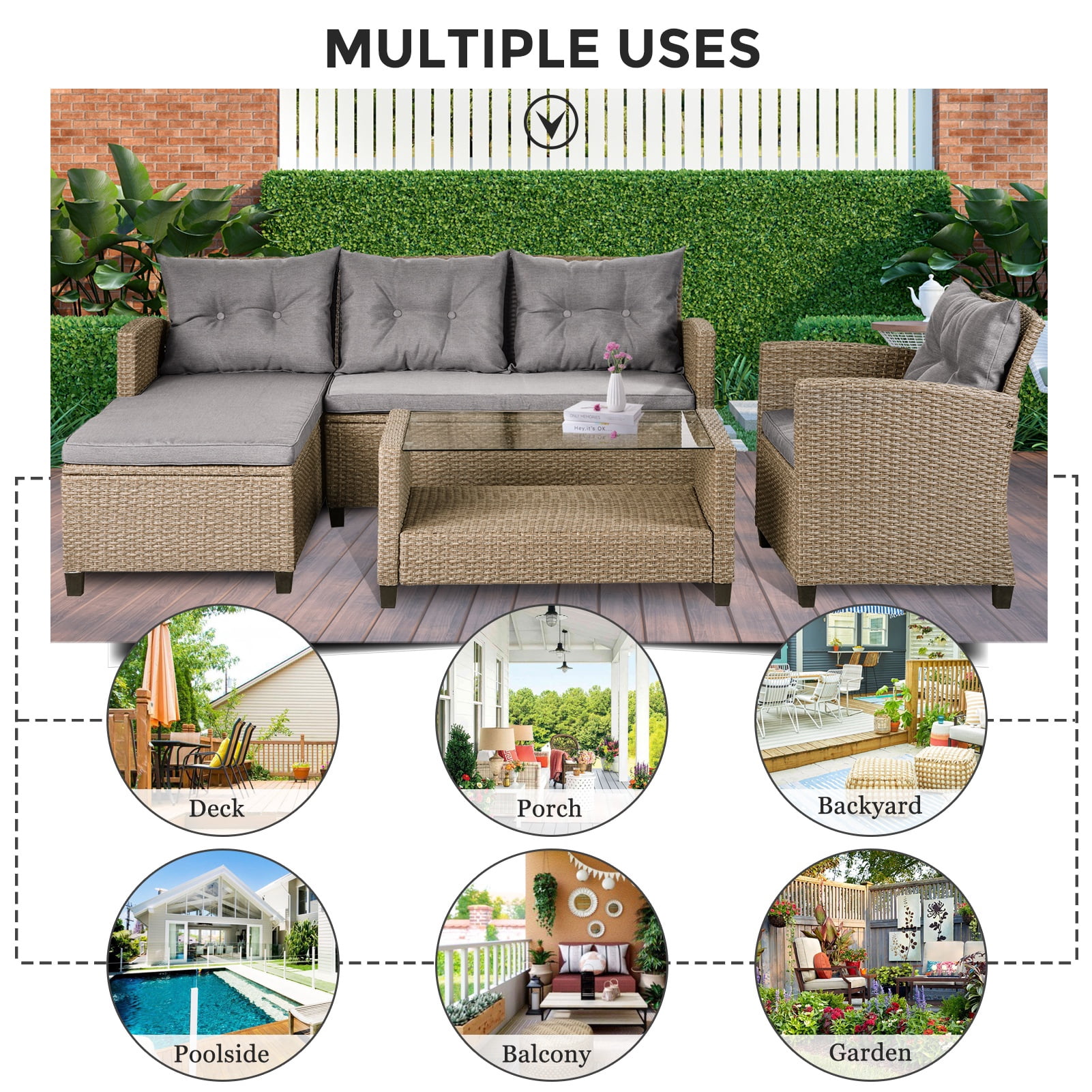 Rattan Patio Sofa Set, 4 Pieces Outdoor Sectional Furniture, All-Weather PE Rattan Wicker Patio Conversation, Cushioned Sofa Set with Glass Table for Patio Garden Poolside Deck