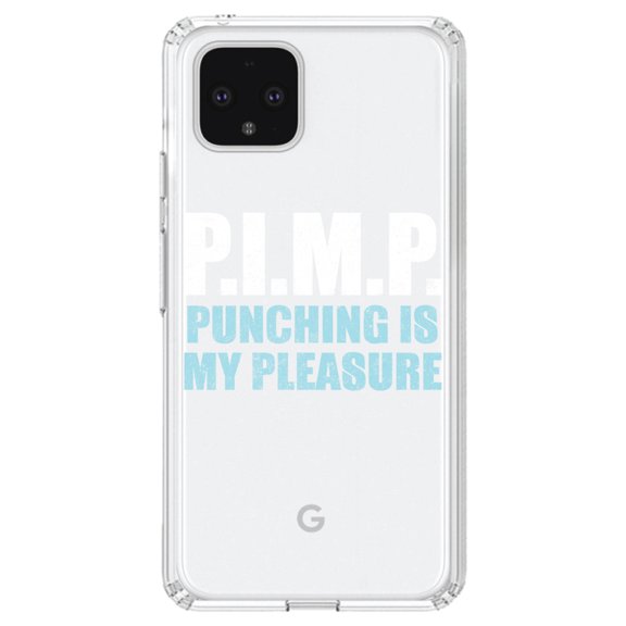 DistinctInk Clear Shockproof Hybrid Case for Google Pixel 4 XL (6.3" Screen) - TPU Bumper Acrylic Back Tempered Glass Screen Protector - PIMP - Punching Is My Pleasure