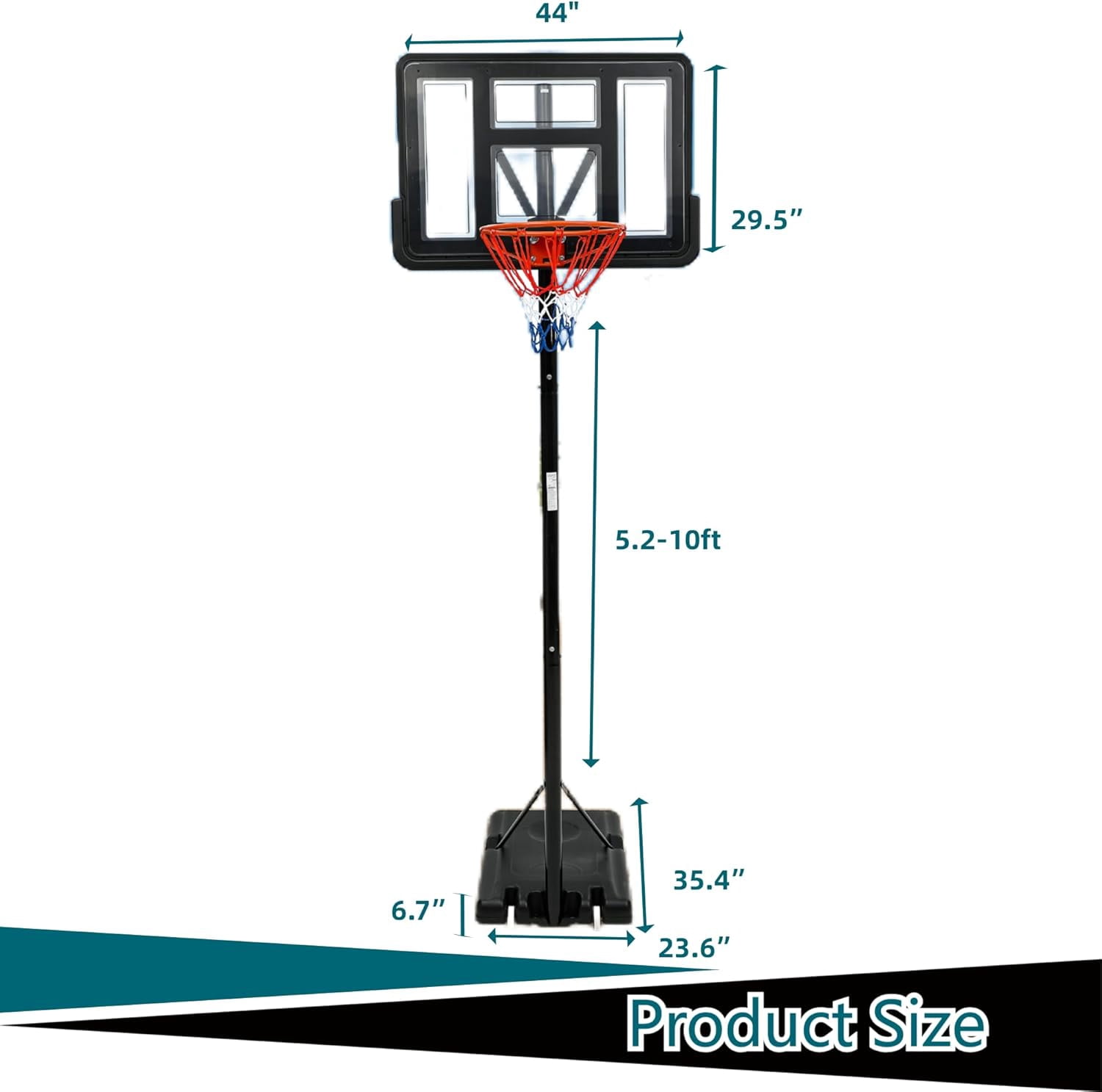 Lumiparty Portable Basketball Hoop Outdoor 5.2-10ft Height, Basketball Hoop Goal System with 2 Wheels, 44 Inch Shatterproof Backboard, Large Stable Base for Backyard