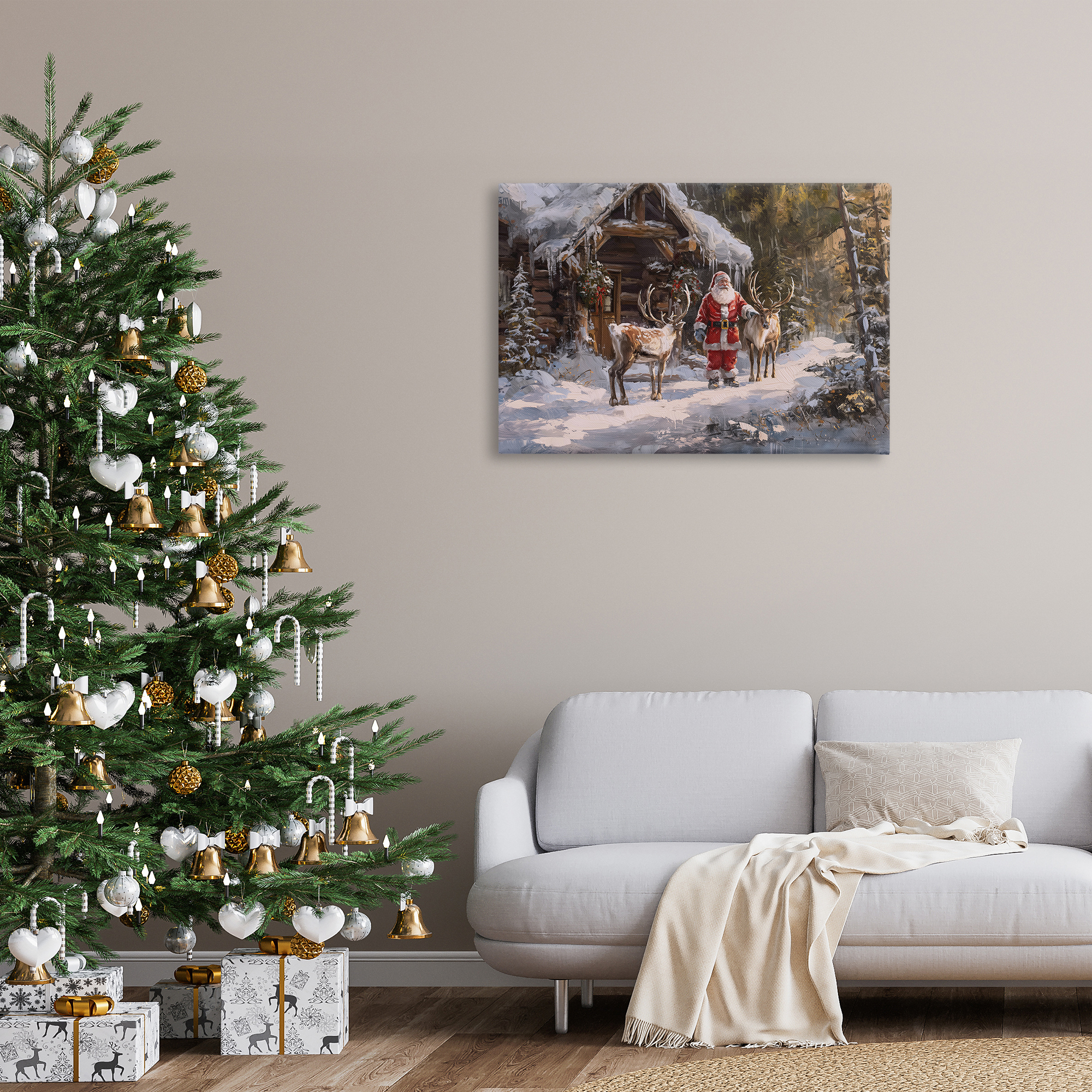 Stupell Industries Traditional Santa by Cabin Holiday Painting Gallery Wrapped Canvas Art Prints Wall Art, 36 x 24