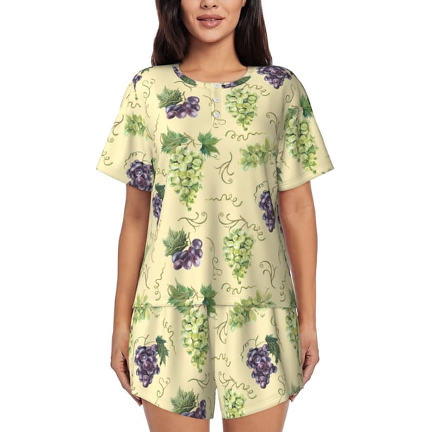 Fotbe Green And Purple Grapes Conjunto de Pijama Estampado para Mujer, 2 Piezas, Ropa de Dormir con Camiseta de Manga Corta y Shorts Suaves-Medium
