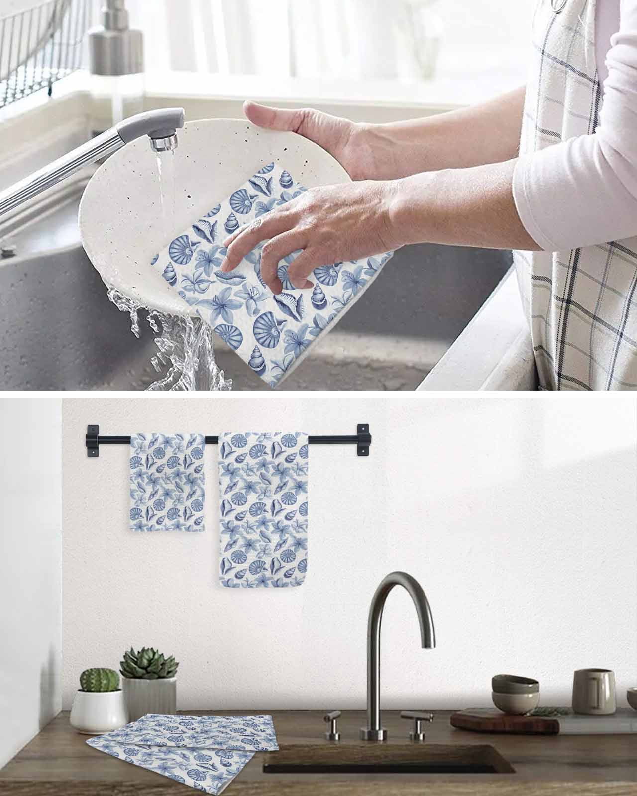 Blue Coastal Kitchen Dish Towels for Drying Dishes Set of 4, Shell Floral Ocean Retro Waffle Weave Microfiber Terry Hand Tea Bathroom Towels Quick Dry & Absorbent Towel 12x12