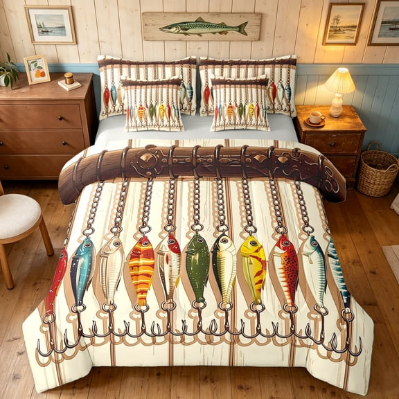 Manfei Retro Fishing Hook Twin Bedding, Rustic Farmhouse Bedding Comforter Set, Beige, Gray Reversible, 7pcs