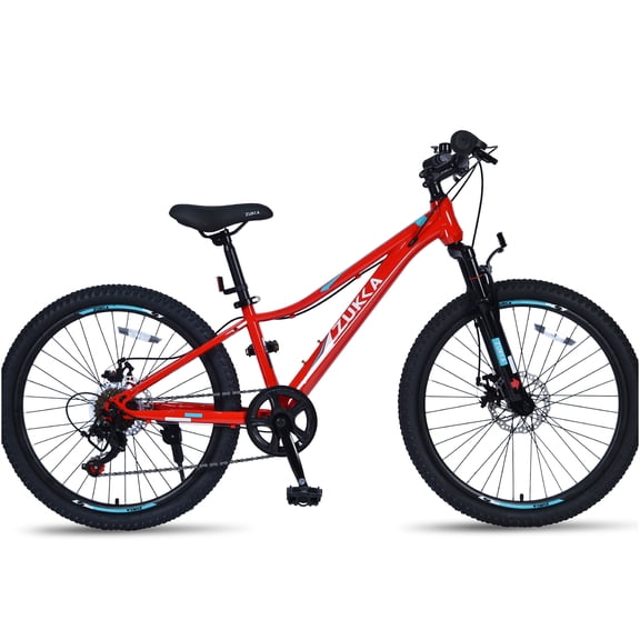 JERFIT 24 inch Kids Mountain Bike with 6-Speed Shimano Gears, Front Suspension Fork & Dual Disc Brakes for Boys and Girls Age 9-12, Red Steel Frame