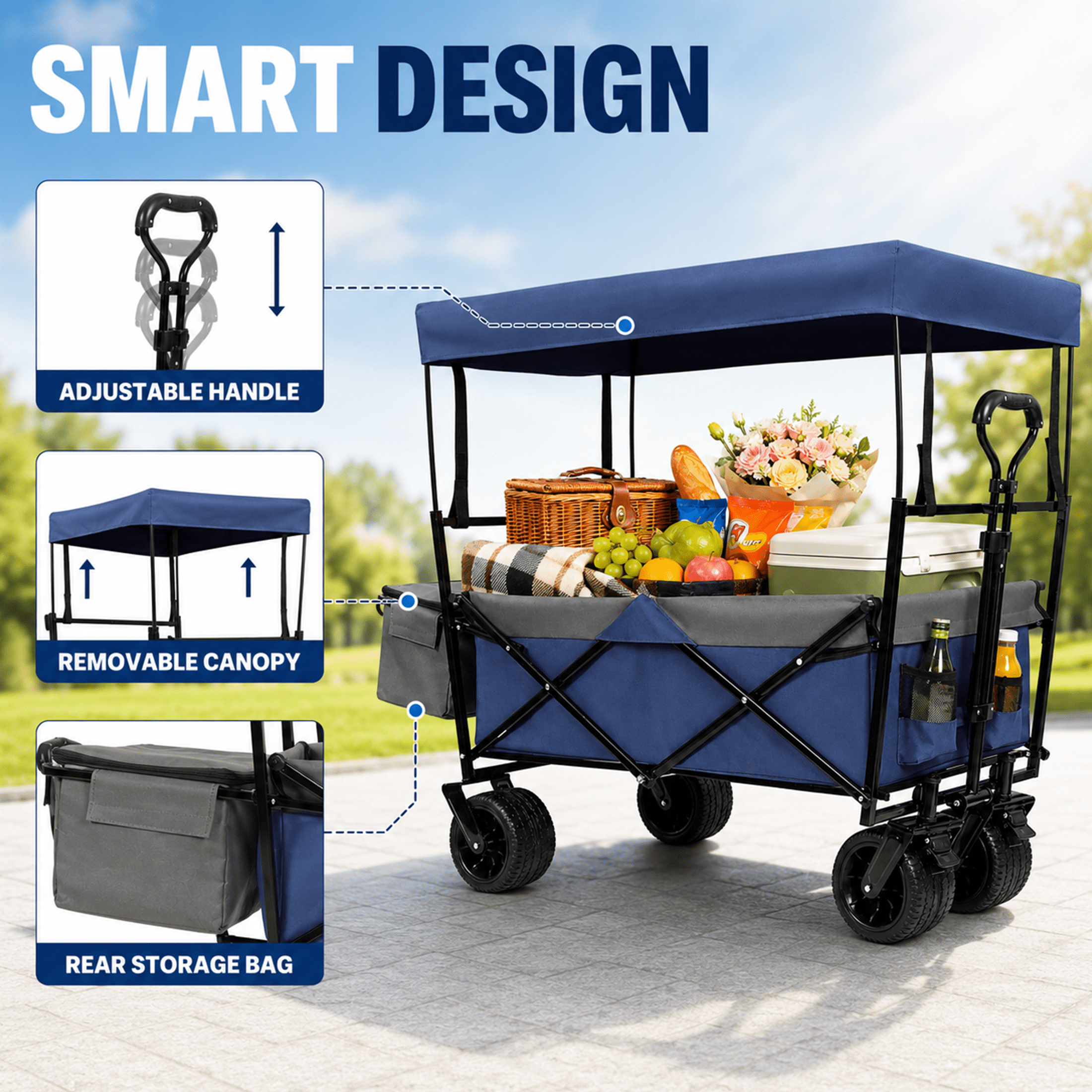 480 lbs Collapsible Wagon with Canopy & Mosquito Net, Heavy Duty Folding Wagon Stroller with 7"x4" All-Terrain Wheels, Cup Holders for Camping, Shopping, Dark Blue