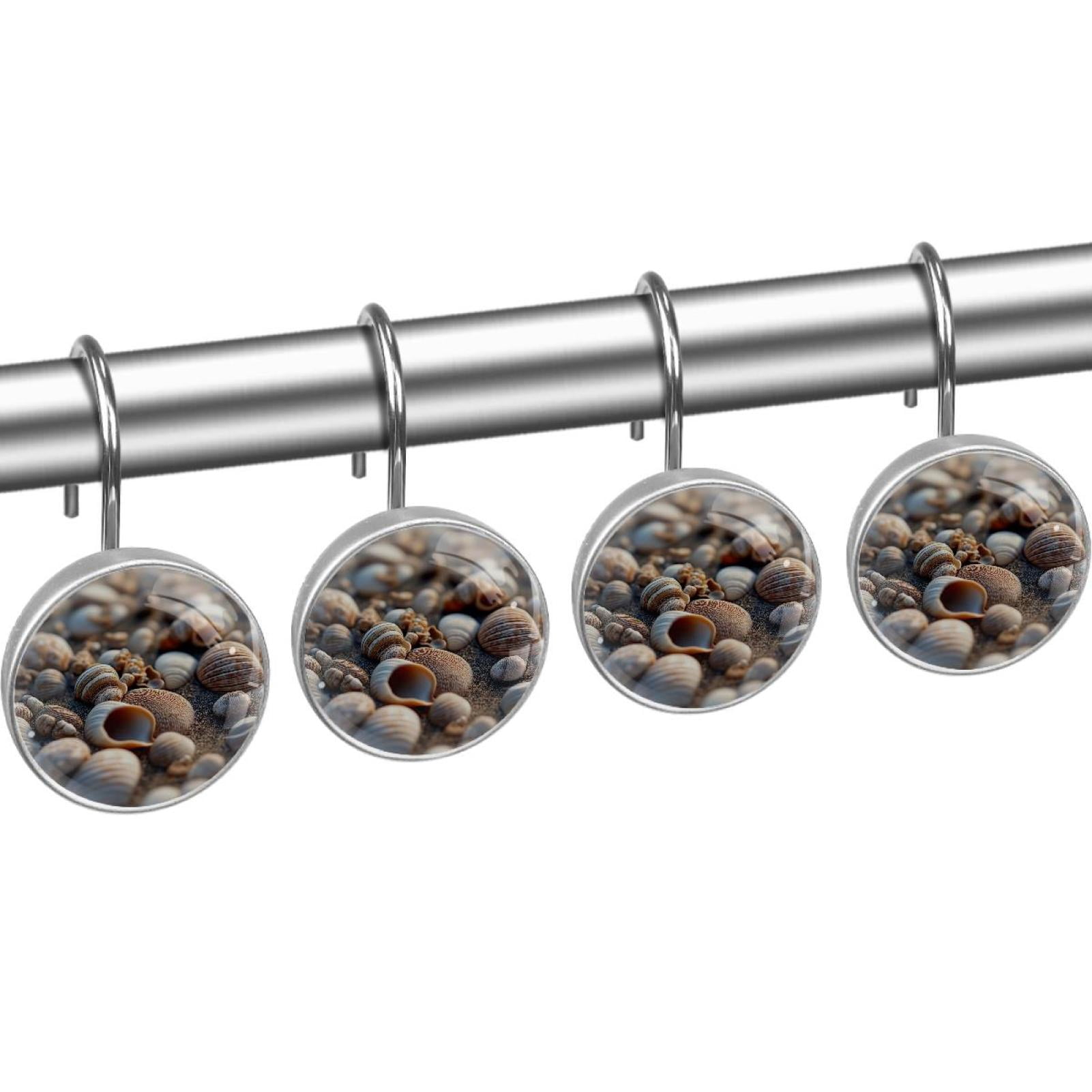 Shells on Beach Sand Shower Curtain Hooks Round Crystal Glass, Set of 12 Shower Curtain Rings - Shower Hooks for Curtain Shower Rings