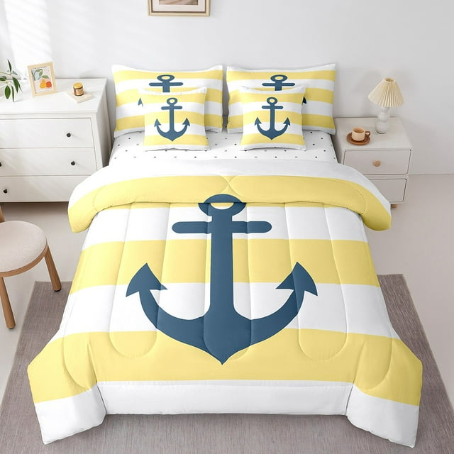 Erosebridal Literie à Motif d'Ancre Format Grand, Ensemble de Lit à Thème Nautique Format Grand, Décor à Rayures, Réversible, Léger, 7 Pcs