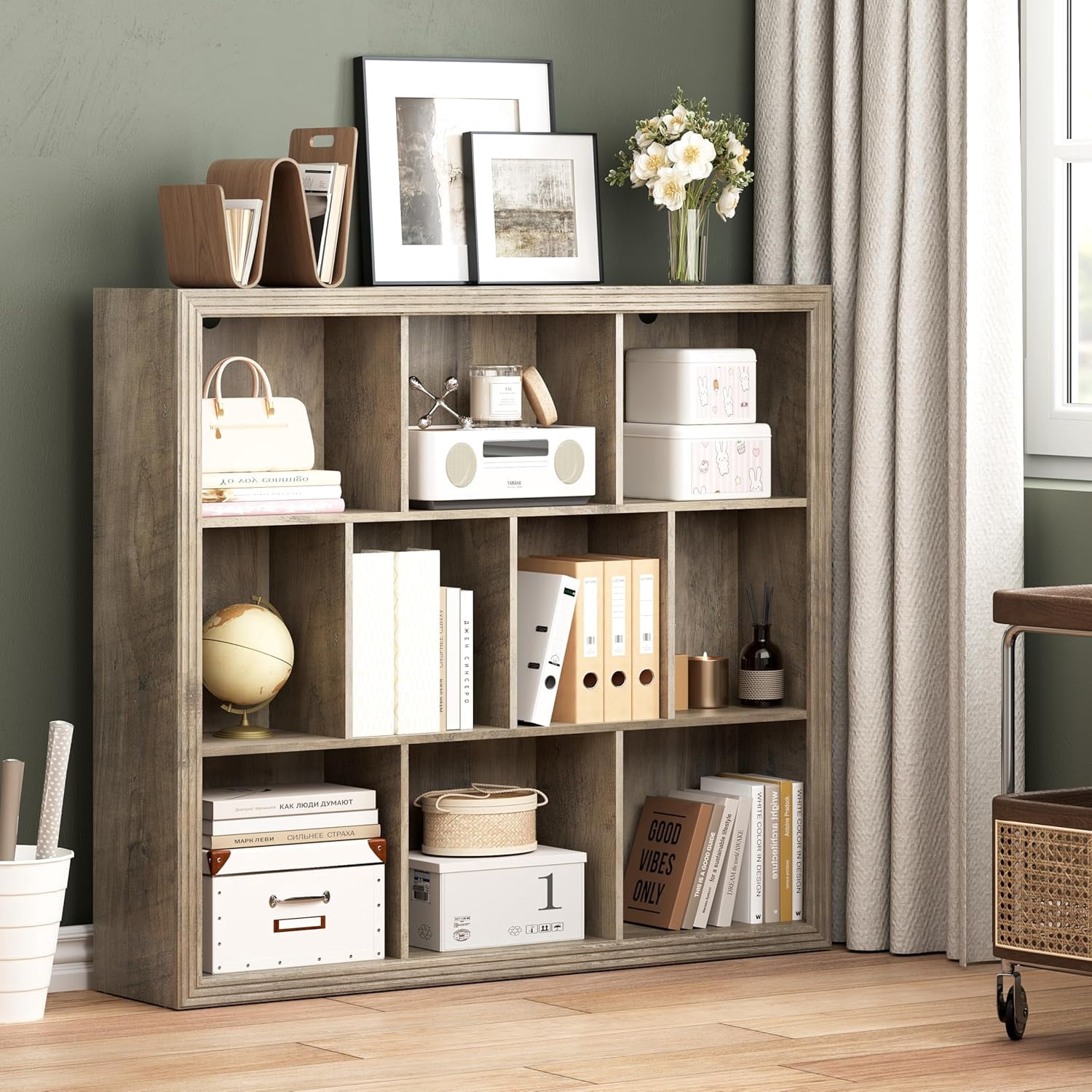 PUFFCAFE Book Shelf with 10-Cube,3 Tier Open Book Cases,Floor Standing 38" Tall bookshelf,Wooden Display Shelves,Gray Bookcase