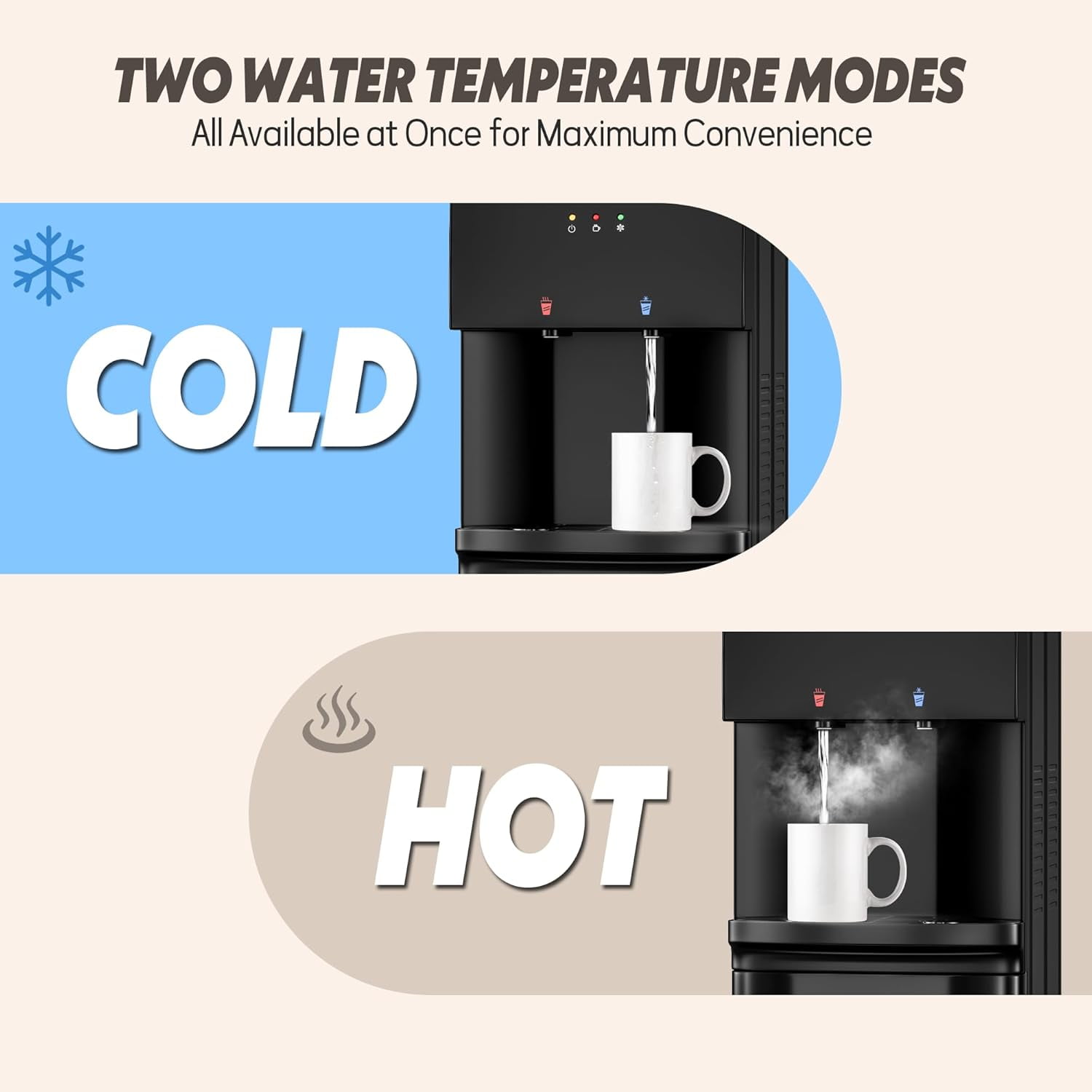 UrbanSync Water Dispenser for 3 or 5 Gallon Bottles, Top Loading Water Cooler with Hot & Cold Water, Child Safety Lock, Ideal for Kitchens, Offices, Black