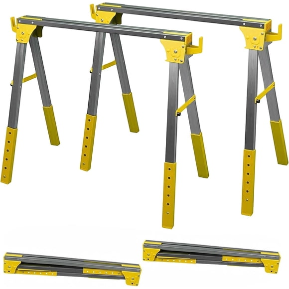 Folding Saw Horses 2 Pack, 29.5"- 36" Height Adjustable Portable Sawhorse, 2600 Lbs Capacity, Work Horse with 2x4 Mounts & Side Supports, for Woodworking, Construction, Home Projects