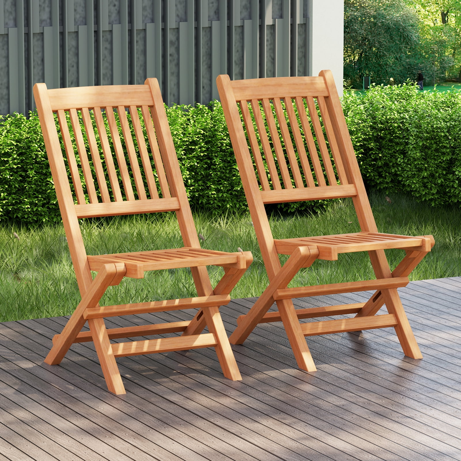 Costway 2PCS Patio Folding Chair Indonesia Teak Wood Slatted Seat Natural Portable Outdoor