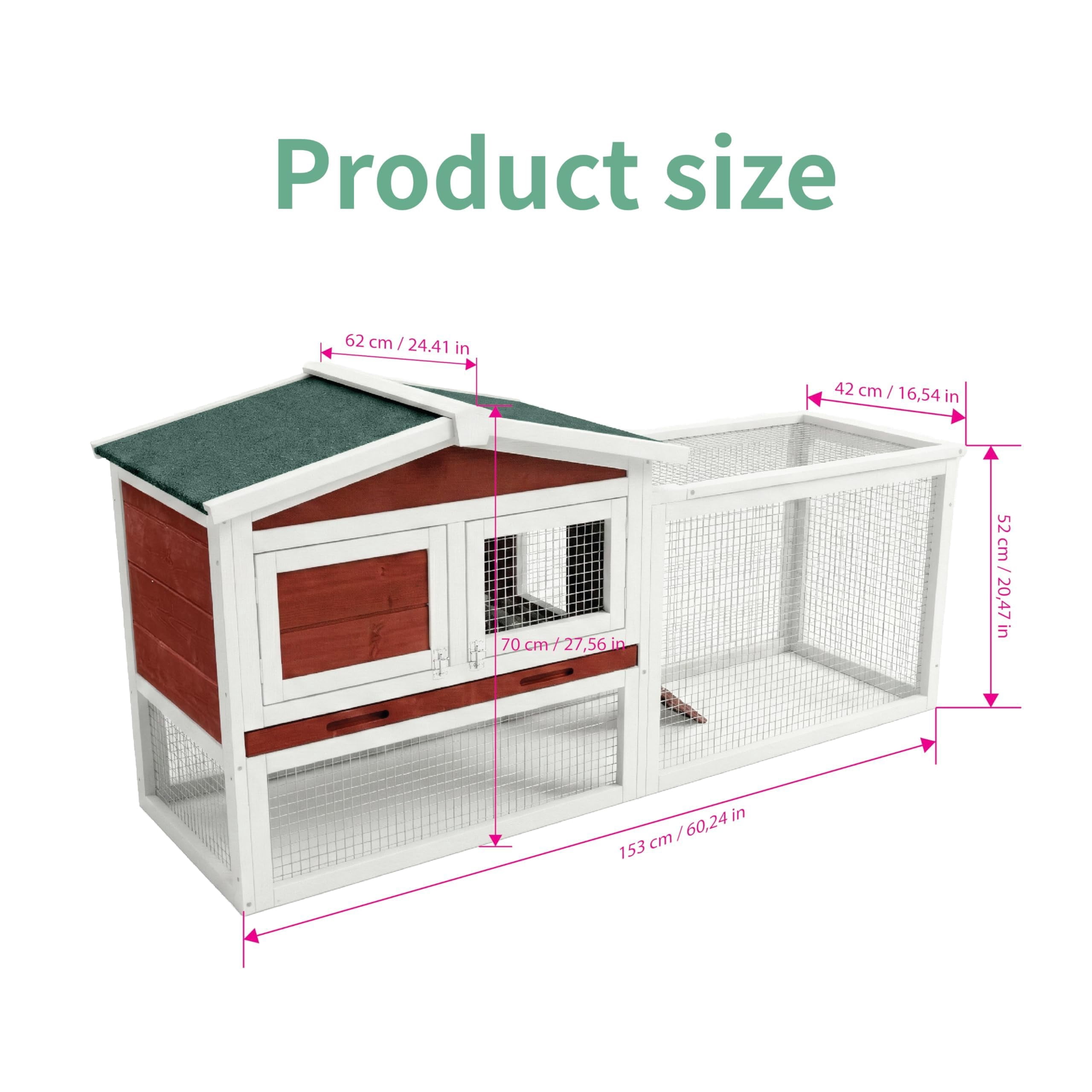 Historyli 60Inch L Large Rabbit Hutch,Expandable 2-Story Wooden Bunny Cage with Non-Slip Ramp,Large Playpen,Hinged Roof & Pull-Out Tray,Rufous White