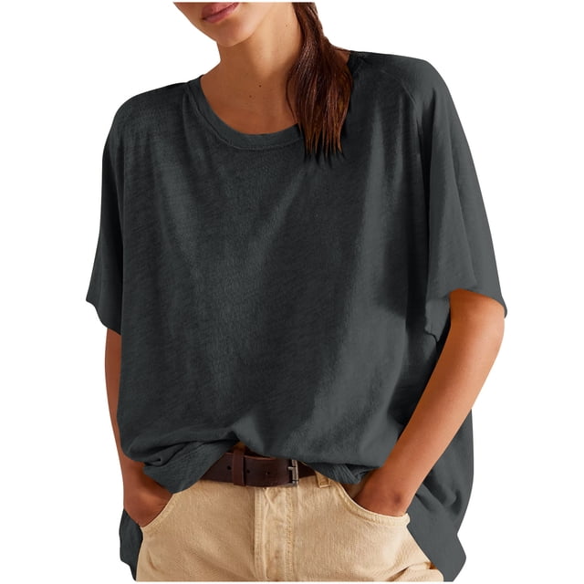 Camisas de Manga Corta para las Mujeres Casual Cuello Redondo Sólido, Mezcla de Algodón Moda de Verano Blusa Superior