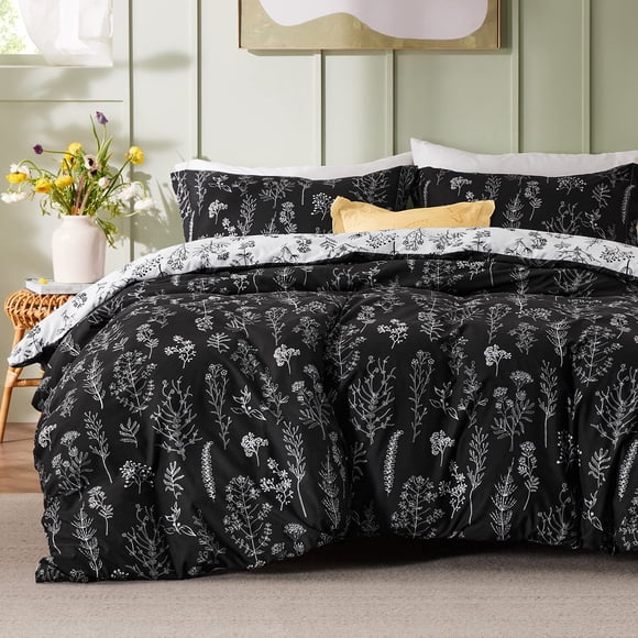 Juego de edredón Bedsure Queen negro con estampado floral, 3 piezas