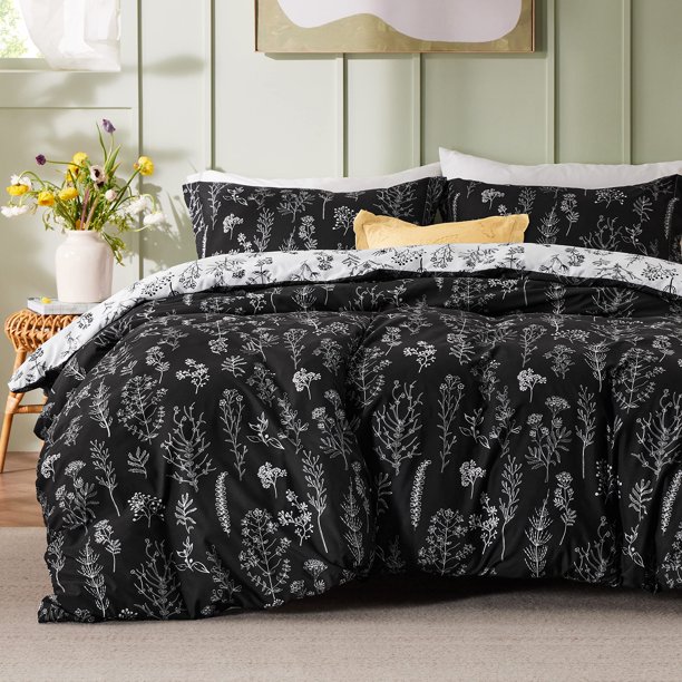 Juego de edredón Bedsure Queen negro con estampado floral, 3 piezas